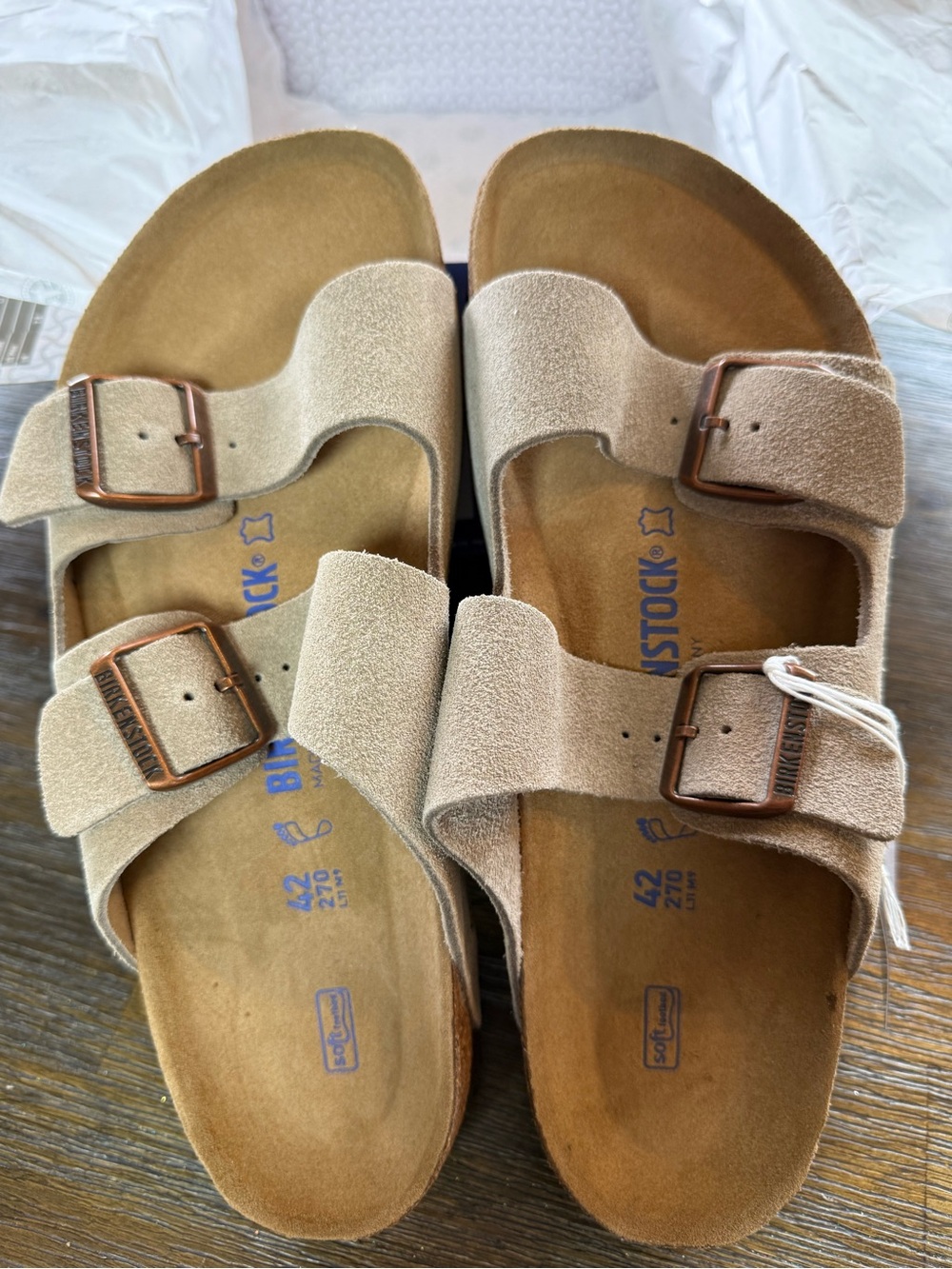 Birkenstock Arizona Suede Leather Soft Footbed Sandals in Taupe